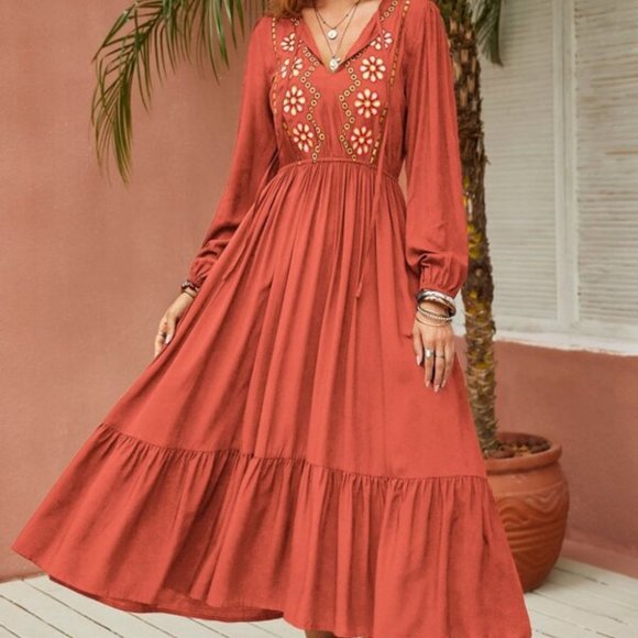 burnt Orange Flower Embroidered Ruffle Hem Dress - Picture 3 of 7